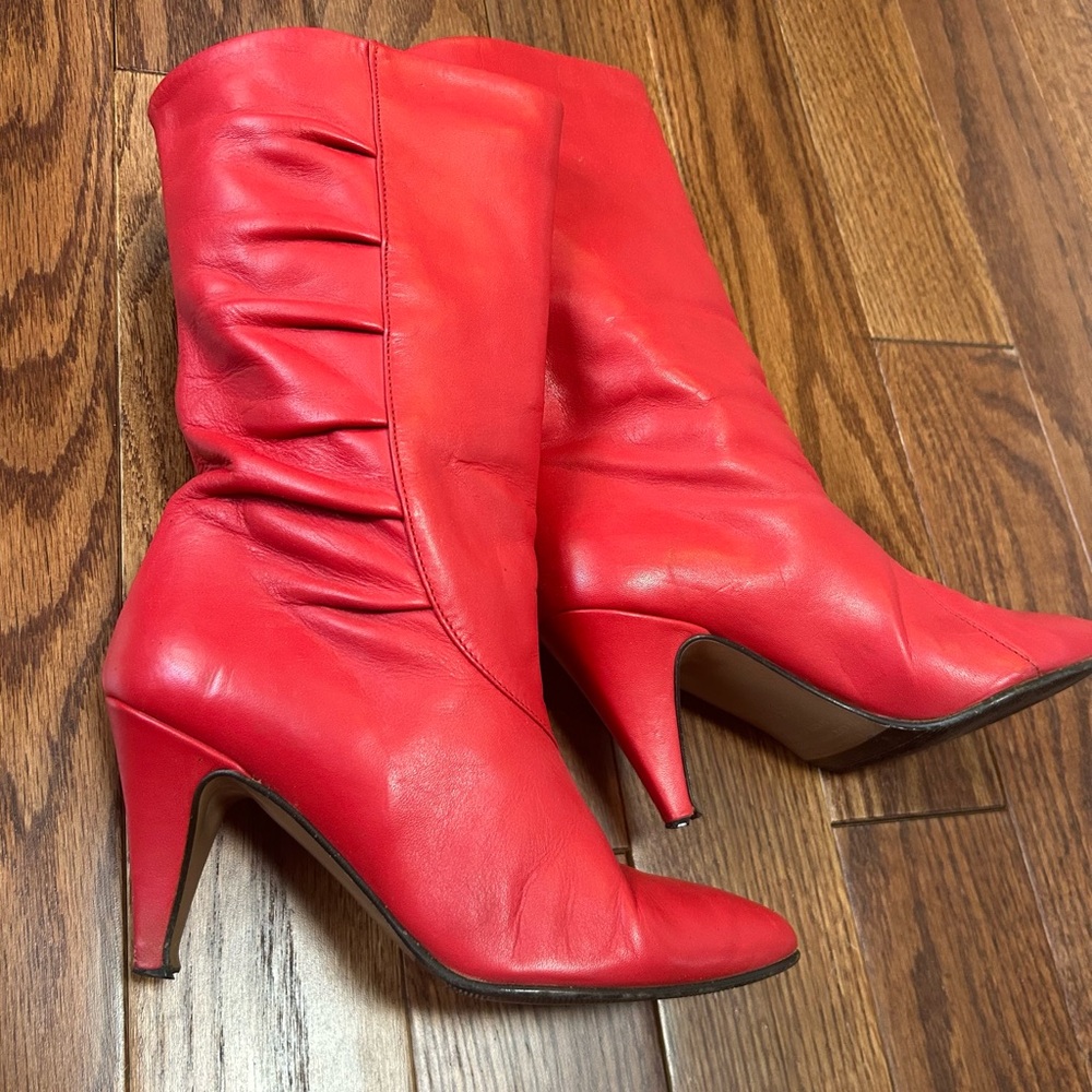 Vintage Red Leather Boots Andare From Italy Heels Mid Calf Boots Size 6.5